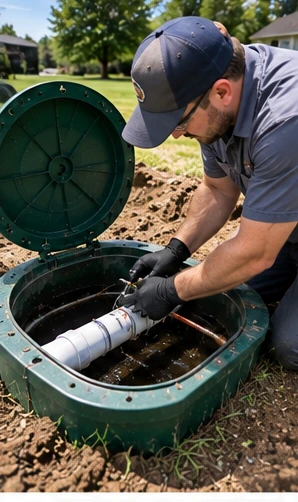 Professional septic tank pumping at a residential property with vacuum truck and safe access in Falmouth, KY