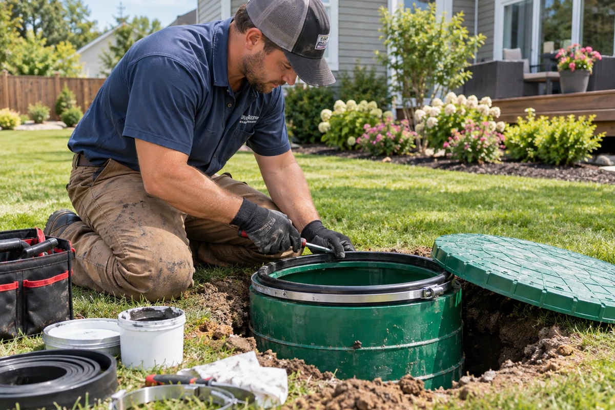Technician inspecting tank level, baffles and access components at a local property in Independence, KY