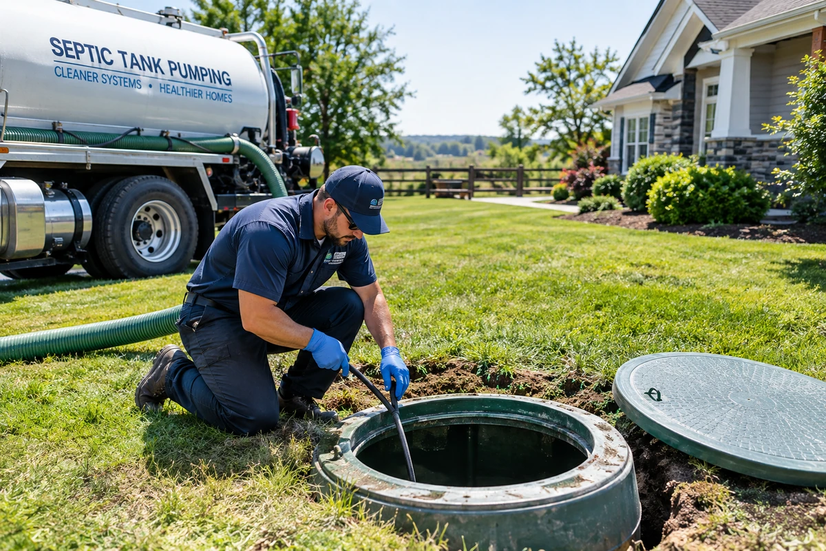Professional septic tank pumping at a residential property with vacuum truck and safe access in Kenton County, KY