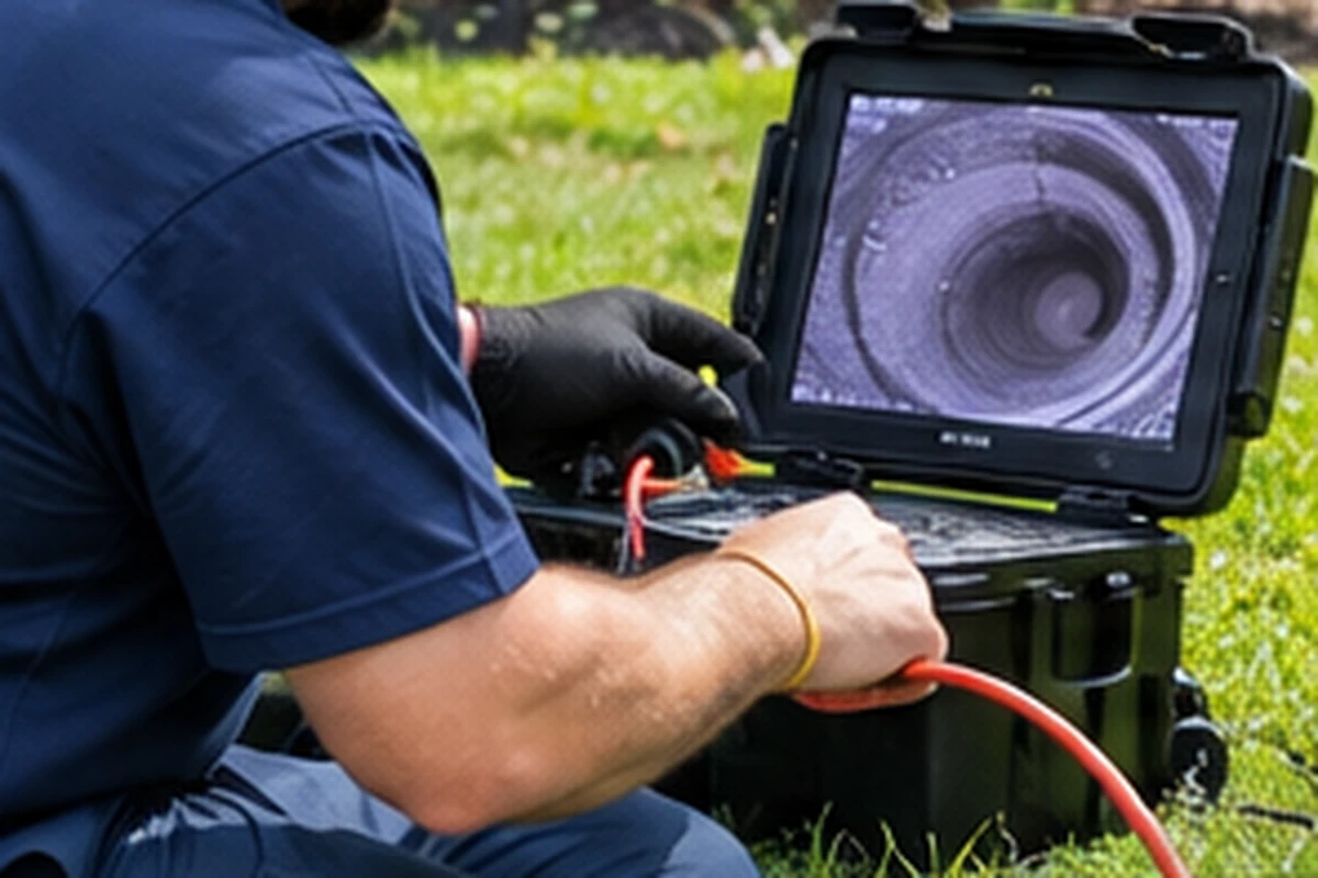 Technician using septic inspection equipment and documenting system findings in Covington, KY