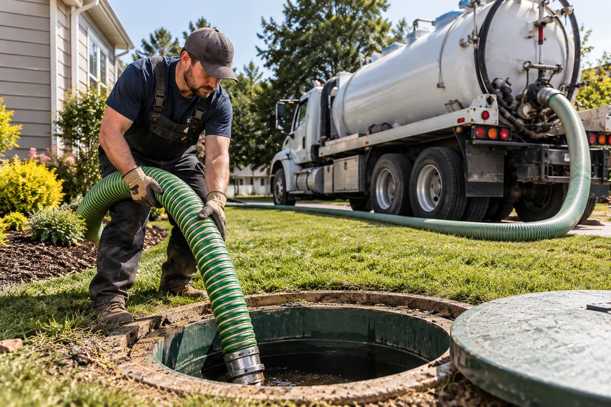 Professional inspection and adjustment of pump floats inside a septic chamber in Northern Kentucky