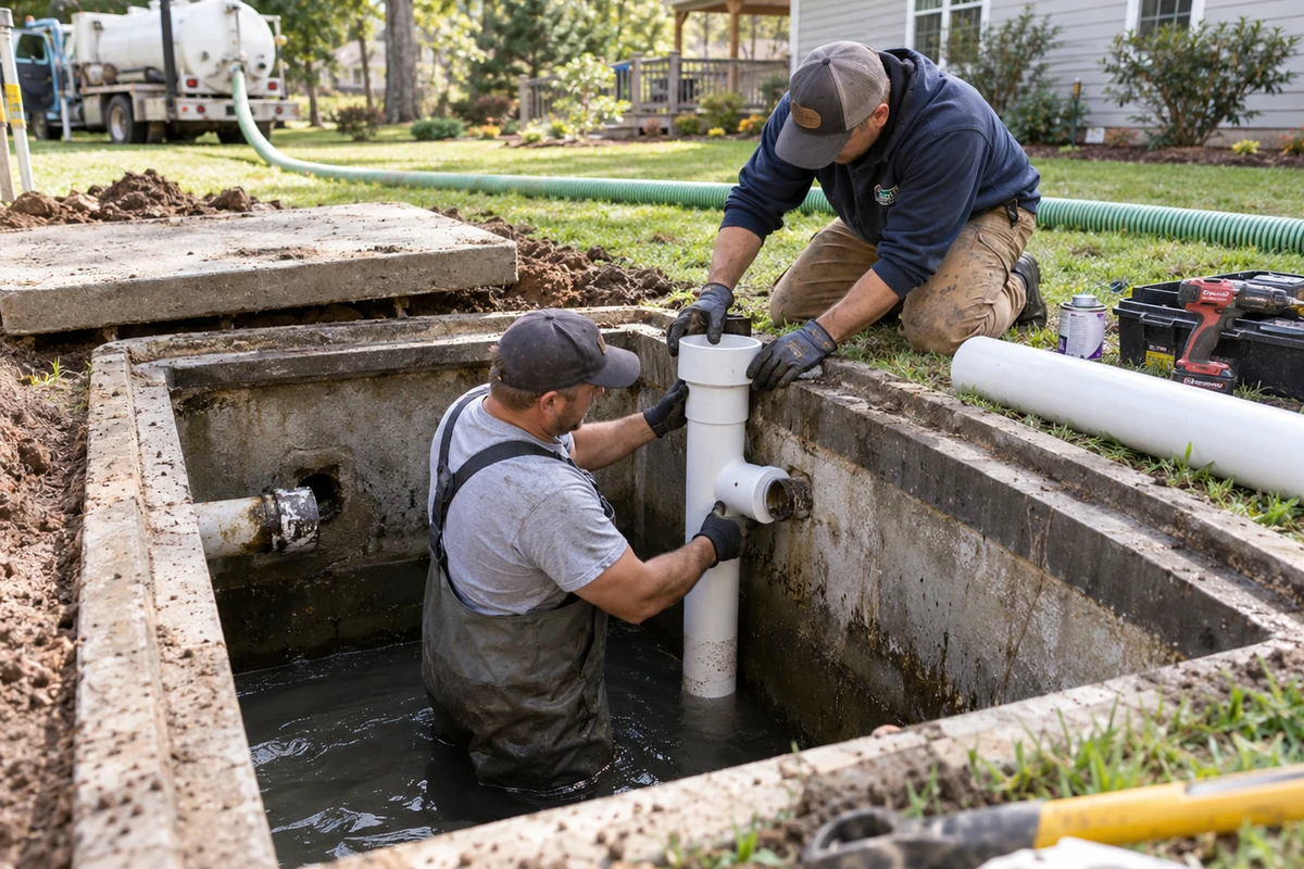 Professional septic tank pumping at a residential property with vacuum truck and safe access in Covington, KY
