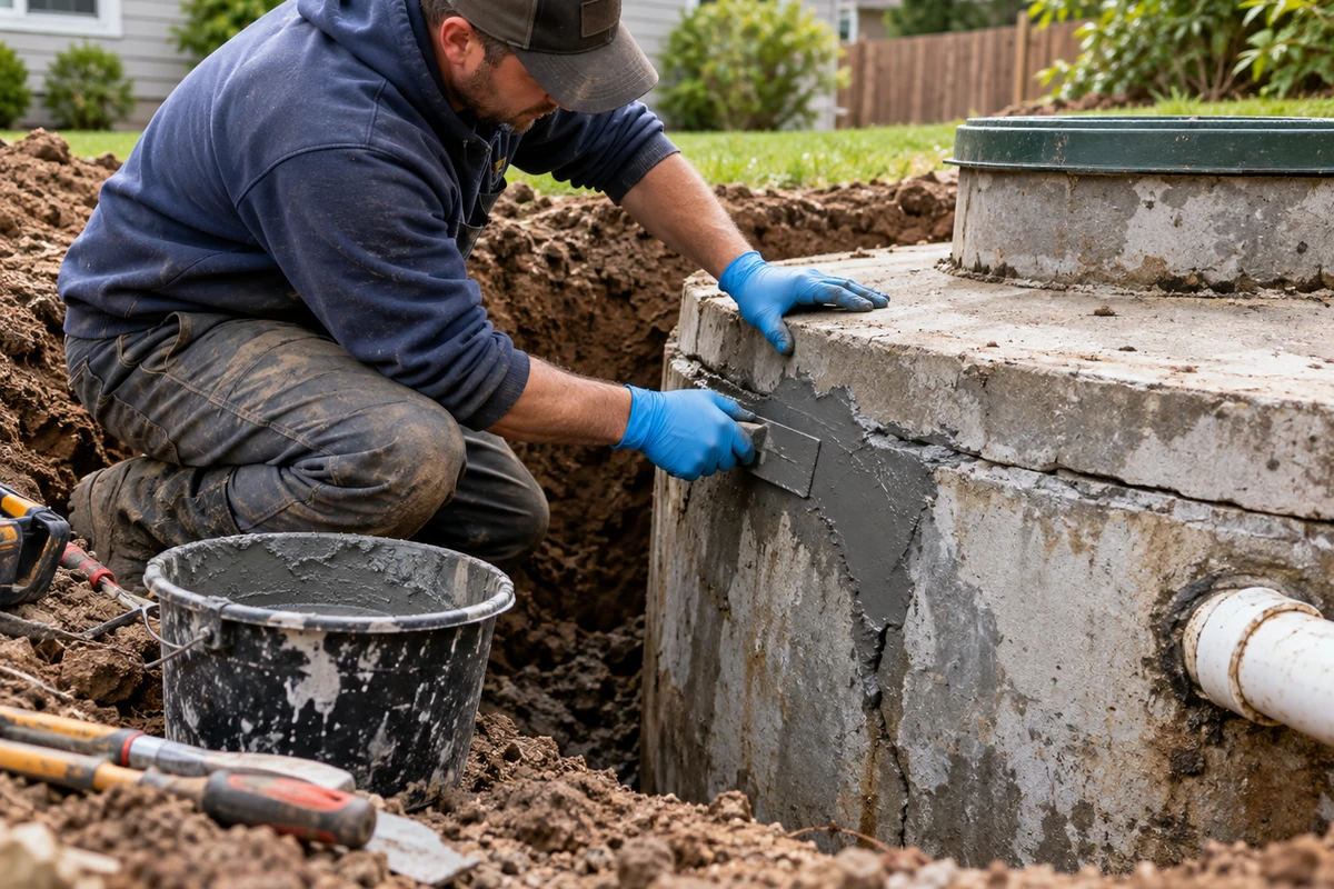 Technician documenting septic maintenance and checking the drainfield or system access area in Covington, KY